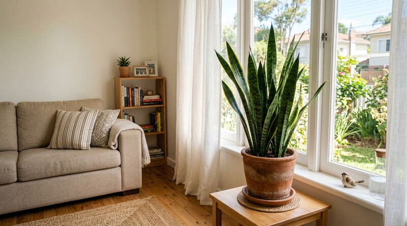 Sala de estar com planta e sofá aconchegante.