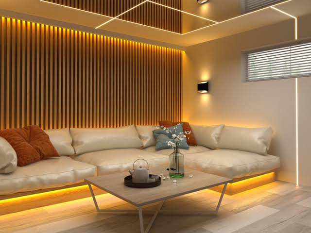 Sala de estar com sofá moderno e iluminação aconchegante