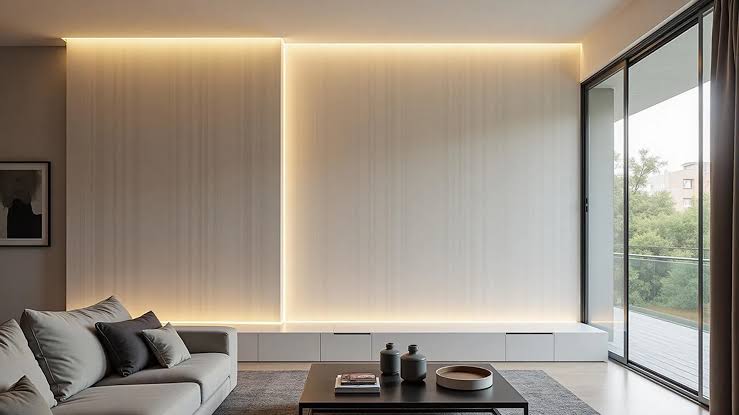 Sala moderna com iluminação suave e sofá elegante.